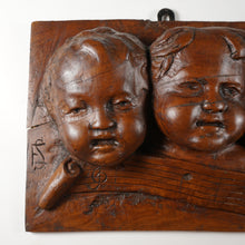 Load image into Gallery viewer, Antique Hand Carved Wood Bas-relief Wall Plaque Seven Singing Putti Choir Musical Notes Signed Carving