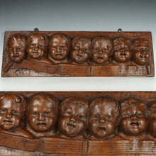 Load image into Gallery viewer, Antique Hand Carved Wood Bas-relief Wall Plaque Seven Singing Putti Choir Musical Notes Signed Carving