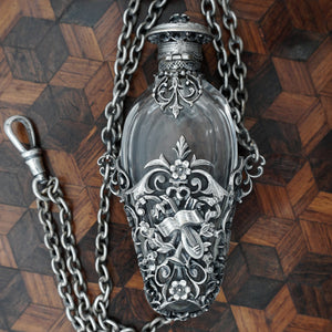 Antique Victorian Perfume Bottle Vinaigrette Chatelaine, Figural Reticulated Silver
