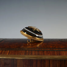 Load image into Gallery viewer, Antique Victorian 14K Gold Mourning Brooch Bullseye Banded Agate, Seed Pearls