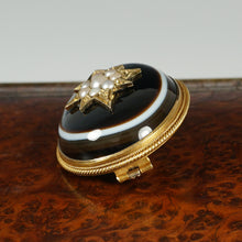 Load image into Gallery viewer, Antique Victorian 14K Gold Mourning Brooch Bullseye Banded Agate, Seed Pearls
