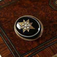 Load image into Gallery viewer, Antique Victorian 14K Gold Mourning Brooch Bullseye Banded Agate, Seed Pearls