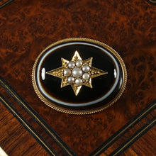 Load image into Gallery viewer, Antique Victorian 14K Gold Mourning Brooch Bullseye Banded Agate, Seed Pearls