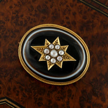 Load image into Gallery viewer, Antique Victorian 14K Gold Mourning Brooch Bullseye Banded Agate, Seed Pearls