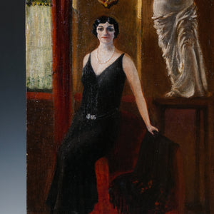 Art Deco Portrait of a Lady, Interior Genre Scene, Oil Painting, 1920s Great Gatsby Style Flapper Dress