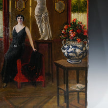 Load image into Gallery viewer, Art Deco Portrait of a Lady, Interior Genre Scene, Oil Painting, 1920s Great Gatsby Style Flapper Dress