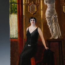 Load image into Gallery viewer, Art Deco Portrait of a Lady, Interior Genre Scene, Oil Painting, 1920s Great Gatsby Style Flapper Dress
