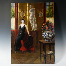 Load image into Gallery viewer, Art Deco Portrait of a Lady, Interior Genre Scene, Oil Painting, 1920s Great Gatsby Style Flapper Dress