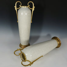 Load image into Gallery viewer, Pair Tall Art Deco French Ceramic & Bronze Vases, Crackle Glaze