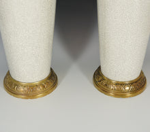 Load image into Gallery viewer, Pair Tall Art Deco French Ceramic & Bronze Vases, Crackle Glaze