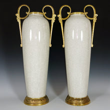 Load image into Gallery viewer, Pair Tall Art Deco French Ceramic & Bronze Vases, Crackle Glaze