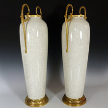 Load image into Gallery viewer, Pair Tall Art Deco French Ceramic & Bronze Vases, Crackle Glaze