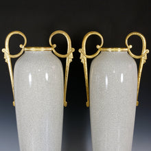 Load image into Gallery viewer, Pair Tall Art Deco French Ceramic & Bronze Vases, Crackle Glaze