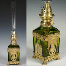 Load image into Gallery viewer, baccarat French oil lamp gilt bronze empire decoration antiques decor glass crystal green color gold
