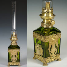 Load image into Gallery viewer, baccarat French oil lamp gilt bronze empire decoration antiques decor glass crystal green color gold