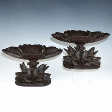 Load image into Gallery viewer, Pair Antique Black Forest Hand Carved Wood Birds & Leaves, Figural Tazzas, Footed Trays, Compote Centerpieces