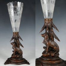 Load image into Gallery viewer, Antique Black Forest Hand Carved Wood Figural Dog Epergne Trumpet Vase Bohemian Hunting Theme Engraved Intaglio Glass