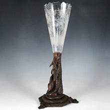 Load image into Gallery viewer, Antique Black Forest Hand Carved Wood Figural Dog Epergne Trumpet Vase Bohemian Hunting Theme Engraved Intaglio Glass