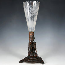 Load image into Gallery viewer, Antique Black Forest Hand Carved Wood Figural Dog Epergne Trumpet Vase Bohemian Hunting Theme Engraved Intaglio Glass