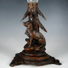 Load image into Gallery viewer, Antique Black Forest Hand Carved Wood Figural Dog Epergne Trumpet Vase Bohemian Hunting Theme Engraved Intaglio Glass