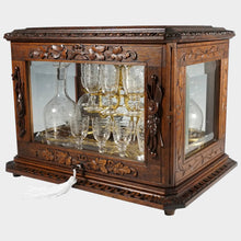 Load image into Gallery viewer, Antique Black Forest Liquor Tantalus Carved Wood Cabinet Box Caddy Victorian Engraved Crystal Decanters & Cordial Glasses