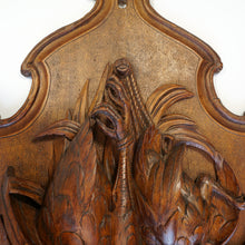Load image into Gallery viewer, Antique Black Forest Carved Wood Wall Plaque 32" Large Hunting Trophy Fruits of the Hunt Game Birds Animals