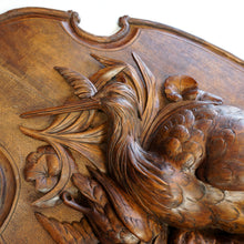 Load image into Gallery viewer, Antique Black Forest Carved Wood Wall Plaque 32" Large Hunting Trophy Fruits of the Hunt Game Birds Animals