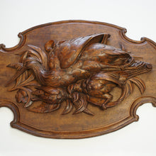 Load image into Gallery viewer, Antique Black Forest Carved Wood Wall Plaque 32" Large Hunting Trophy Fruits of the Hunt Game Birds Animals