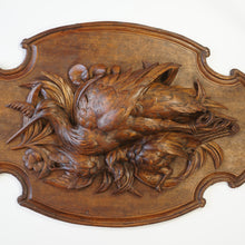 Load image into Gallery viewer, Antique Black Forest Carved Wood Wall Plaque 32" Large Hunting Trophy Fruits of the Hunt Game Birds Animals