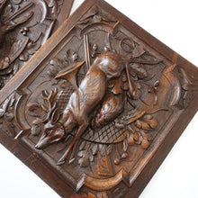 Load image into Gallery viewer, Antique Black Forest Carved Wood Panels PAIR Animal Plaques Hunting Game Trophy