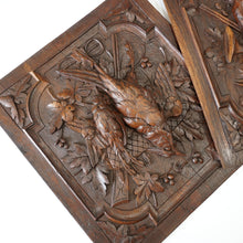 Load image into Gallery viewer, Antique Black Forest Carved Wood Panels PAIR Animal Plaques Hunting Game Trophy