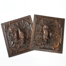 Load image into Gallery viewer, Antique Black Forest Carved Wood Panels PAIR Animal Plaques Hunting Game Trophy