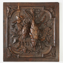 Load image into Gallery viewer, Antique Black Forest Carved Wood Panels PAIR Animal Plaques Hunting Game Trophy