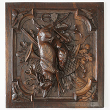 Load image into Gallery viewer, Antique Black Forest Carved Wood Panels PAIR Animal Plaques Hunting Game Trophy