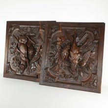 Load image into Gallery viewer, Antique Black Forest Carved Wood Panels PAIR Animal Plaques Hunting Game Trophy