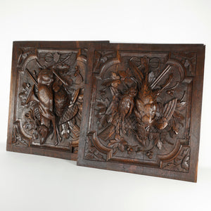 Antique Black Forest Carved Wood Panels PAIR Animal Plaques Hunting Game Trophy