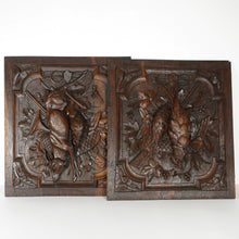 Load image into Gallery viewer, Antique Black Forest Carved Wood Panels PAIR Animal Plaques Hunting Game Trophy