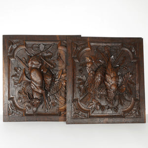 Antique Black Forest Carved Wood Panels PAIR Animal Plaques Hunting Game Trophy