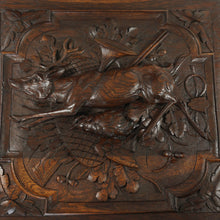 Load image into Gallery viewer, Antique Black Forest Carved Wood Panels PAIR Animal Plaques Hunting Game Trophy