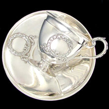 Load image into Gallery viewer, Superb Antique French Sterling Silver Tea Coffee Cup & Saucer Set, Applied Decoration, 201.7g