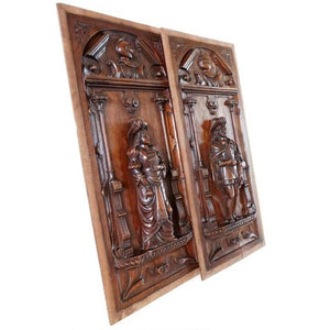 Pair Antique French Carved Wood Panels, Troubadour Style Figures