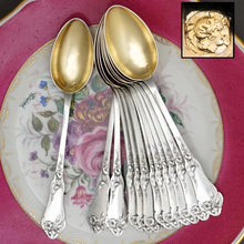 Load image into Gallery viewer, 12 Antique French Sterling Silver Teaspoons, Coffee Tea Moka Spoons Set, Art Nouveau Morning Glory Flowers, Boxed
