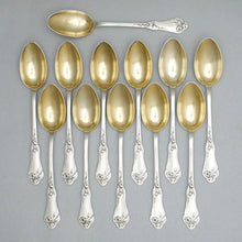 Load image into Gallery viewer, 12 Antique French Sterling Silver Teaspoons, Coffee Tea Moka Spoons Set, Art Nouveau Morning Glory Flowers, Boxed