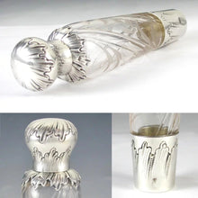 Load image into Gallery viewer, Ornate Antique Art Nouveau French Sterling Silver Liquor Flask, Cut Crystal Engraved Floral Intaglios, by Saglier Freres
