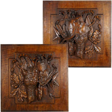 Load image into Gallery viewer, Pair Large Antique Black Forest Hand Carved Wood Panels Fruits of the Hunt Theme Trophy Wall Plaques - Still Life Carving of Birds & Fish, Stingray - Fishing & Hunting Decor