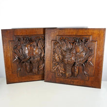 Load image into Gallery viewer, Pair Large Antique Black Forest Hand Carved Wood Panels Fruits of the Hunt Theme Trophy Wall Plaques - Still Life Carving of Birds & Fish, Stingray - Fishing & Hunting Decor