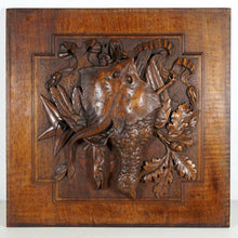 Load image into Gallery viewer, Pair Large Antique Black Forest Hand Carved Wood Panels Fruits of the Hunt Theme Trophy Wall Plaques - Still Life Carving of Birds & Fish, Stingray - Fishing & Hunting Decor
