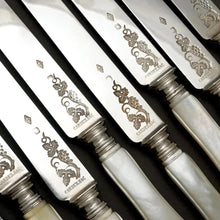 Load image into Gallery viewer, CARDEILHAC : Antique French Sterling Silver & Mother of Pearl Dessert Knives, 18pc Knife Set