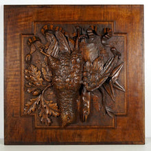 Load image into Gallery viewer, Pair Large Antique Black Forest Hand Carved Wood Panels Fruits of the Hunt Theme Trophy Wall Plaques - Still Life Carving of Birds & Fish, Stingray - Fishing & Hunting Decor