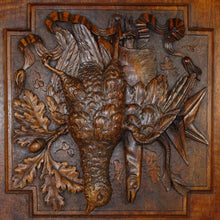 Load image into Gallery viewer, Pair Large Antique Black Forest Hand Carved Wood Panels Fruits of the Hunt Theme Trophy Wall Plaques - Still Life Carving of Birds & Fish, Stingray - Fishing & Hunting Decor